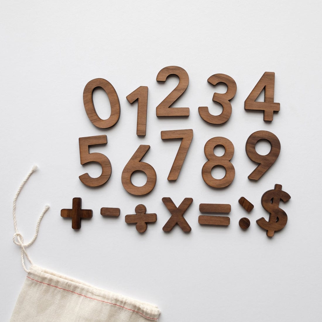 walnut wooden numeral set with math signs