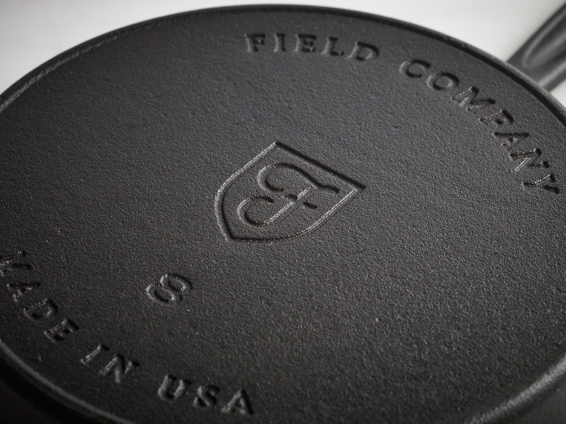 Back or underside of Field Company number 8 skillet. Text reads "Field Company, 8, Made in the USA."