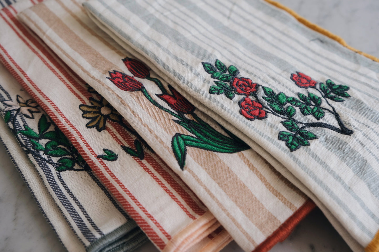 Floral & Stripe Embroidered Napkins (Set of 4)