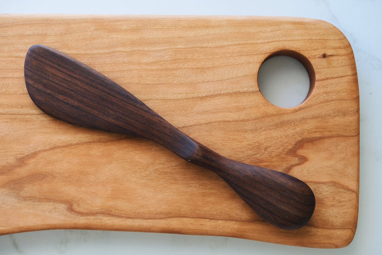 cherry serving board with walnut knife