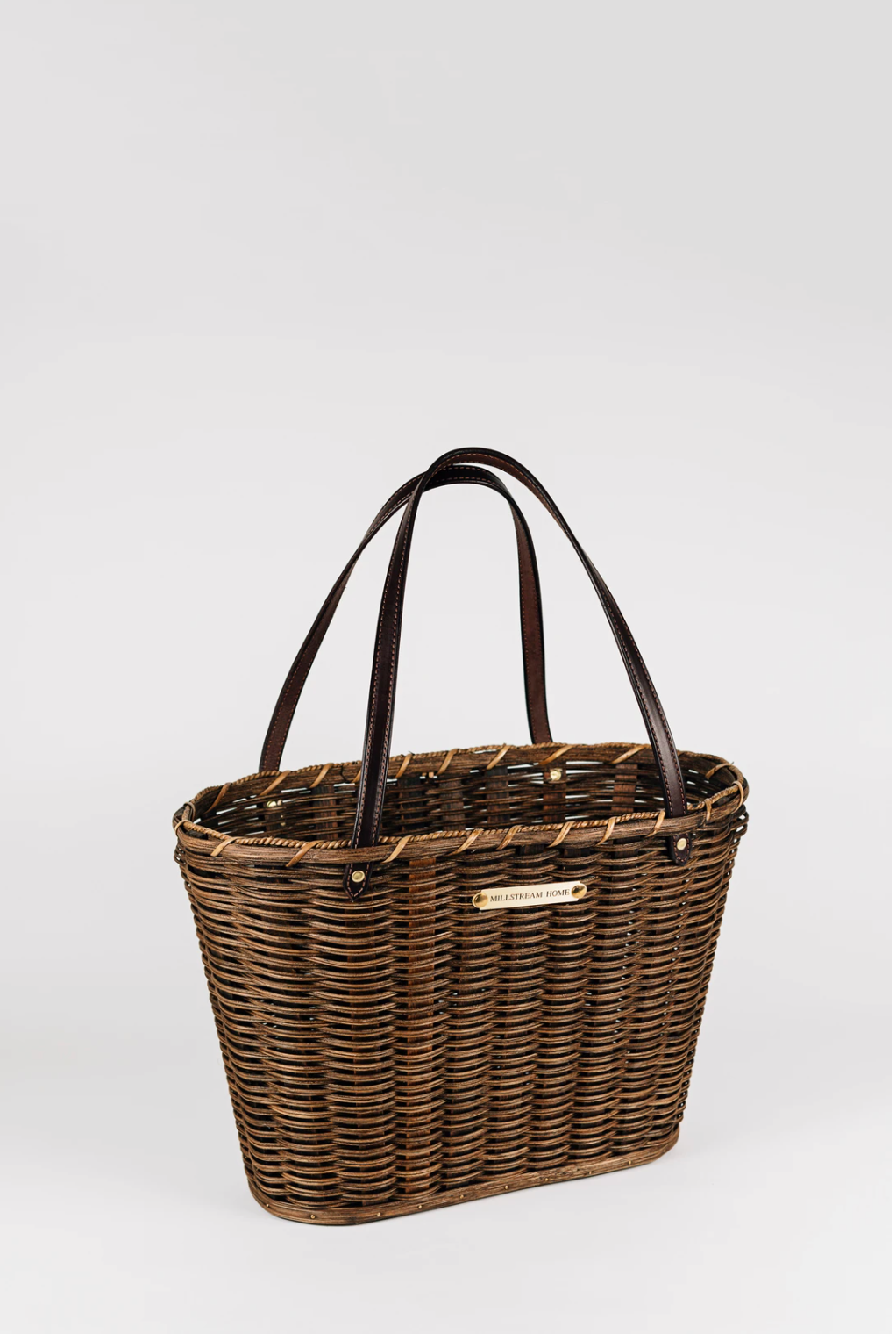 handwoven dark market basket with leather straps