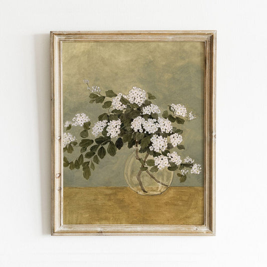 Picture of art print titled Vase of Bridal Wreath hanging on the wall with a vintage frame