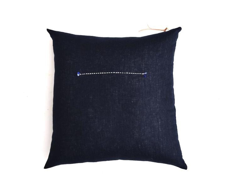 Navy Linen Pillow Top View with white stitching displayed. 