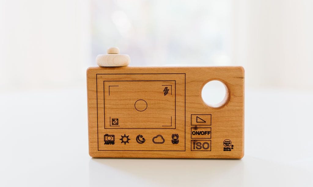wooden toy camera with pretend screen and buttons